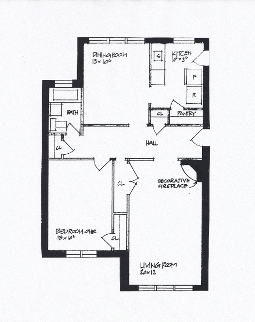 Floor plan for 1 bed, 1 bath, 665 sqft